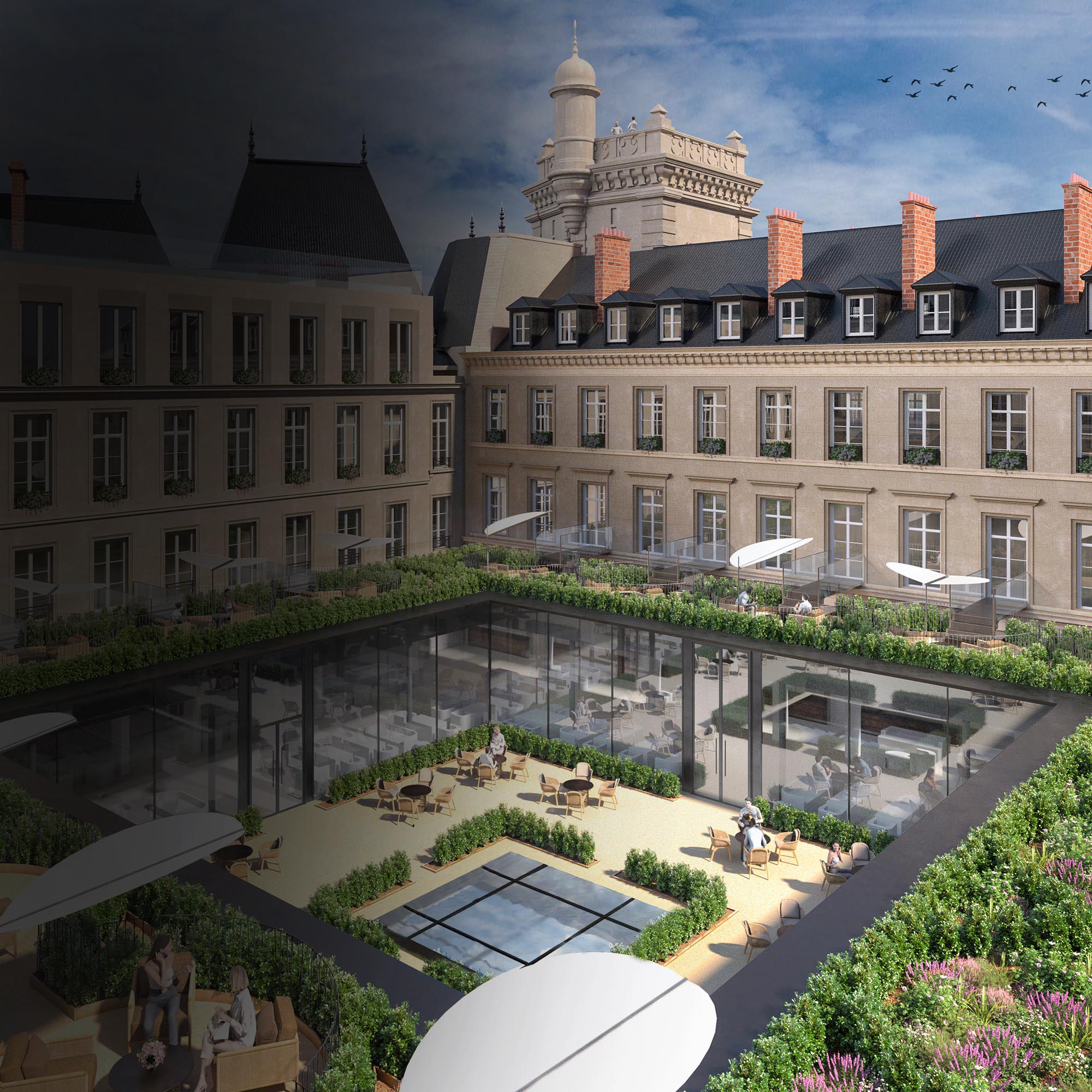 Vue aérienne de la cour d'un bâtiment